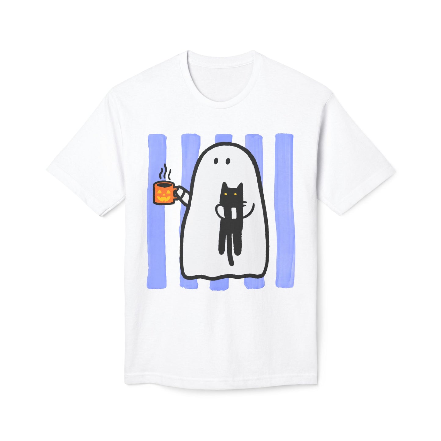 Cute Ghost Holding Cat T-Shirt — Cozy Coffee & Cat Lover Tee