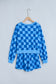 Dark Blue Plaid Checkered Long Sleeve Crop Top Elastic Waist Shorts Two Piece Set