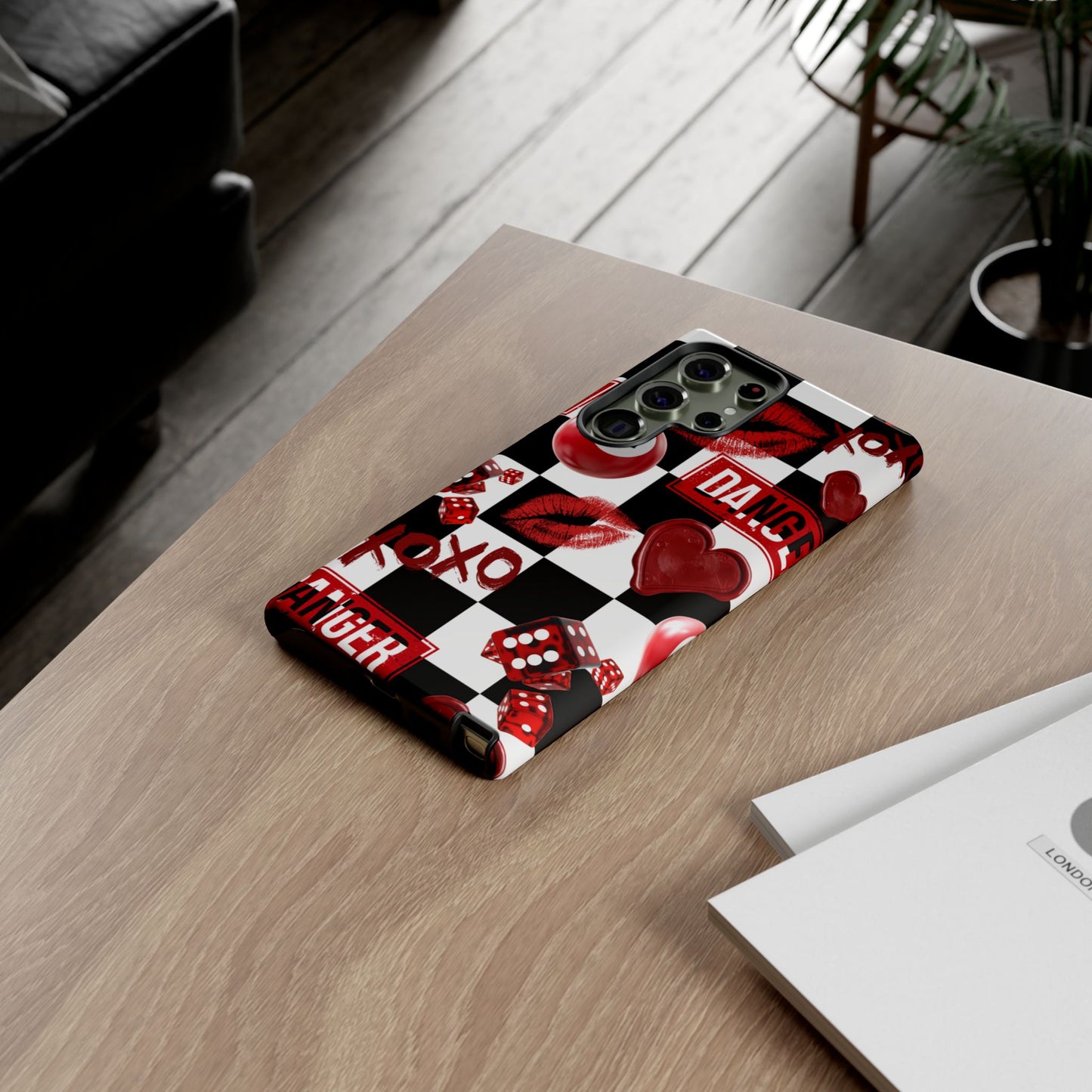 Red Kiss Heart Checkerboard phone case | Danger XOXO dice pattern