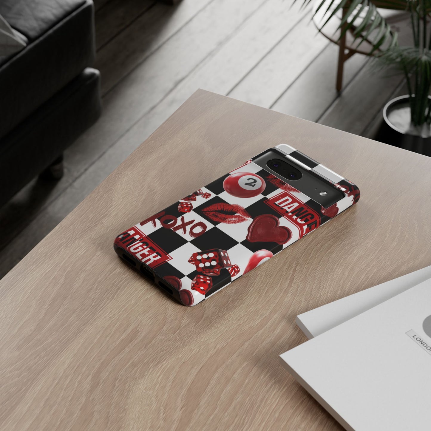 Red Kiss Heart Checkerboard phone case | Danger XOXO dice pattern