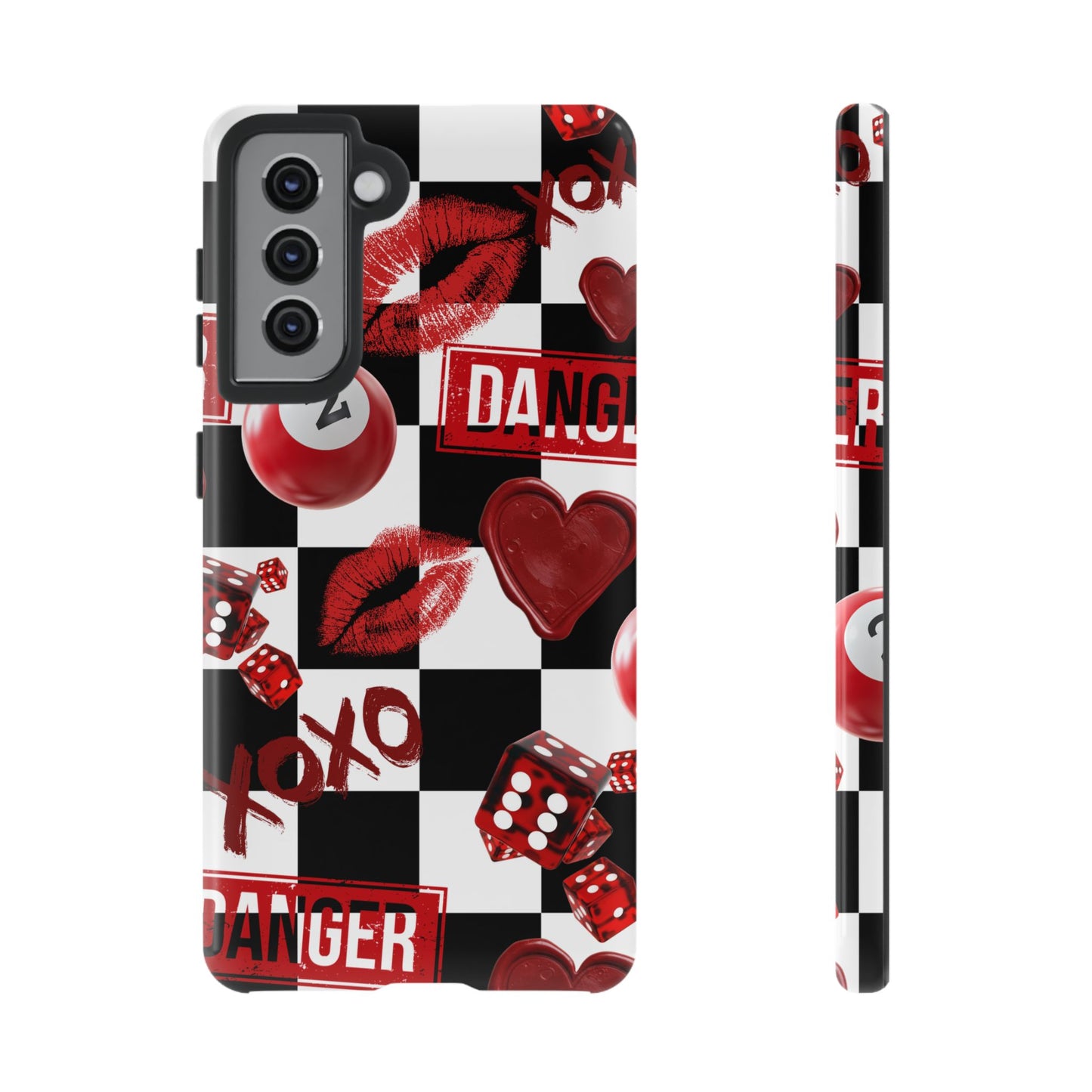 Red Kiss Heart Checkerboard phone case | Danger XOXO dice pattern