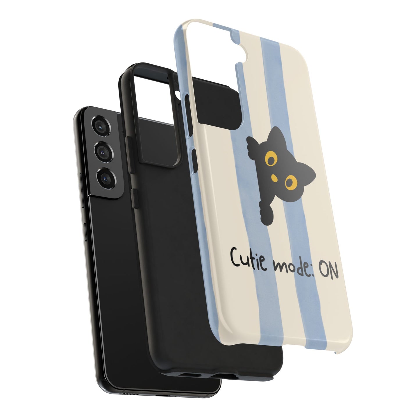 Cute Black Cat "Cutie Mode: ON" Tough Phone Case — Protective Striped Phone Cover