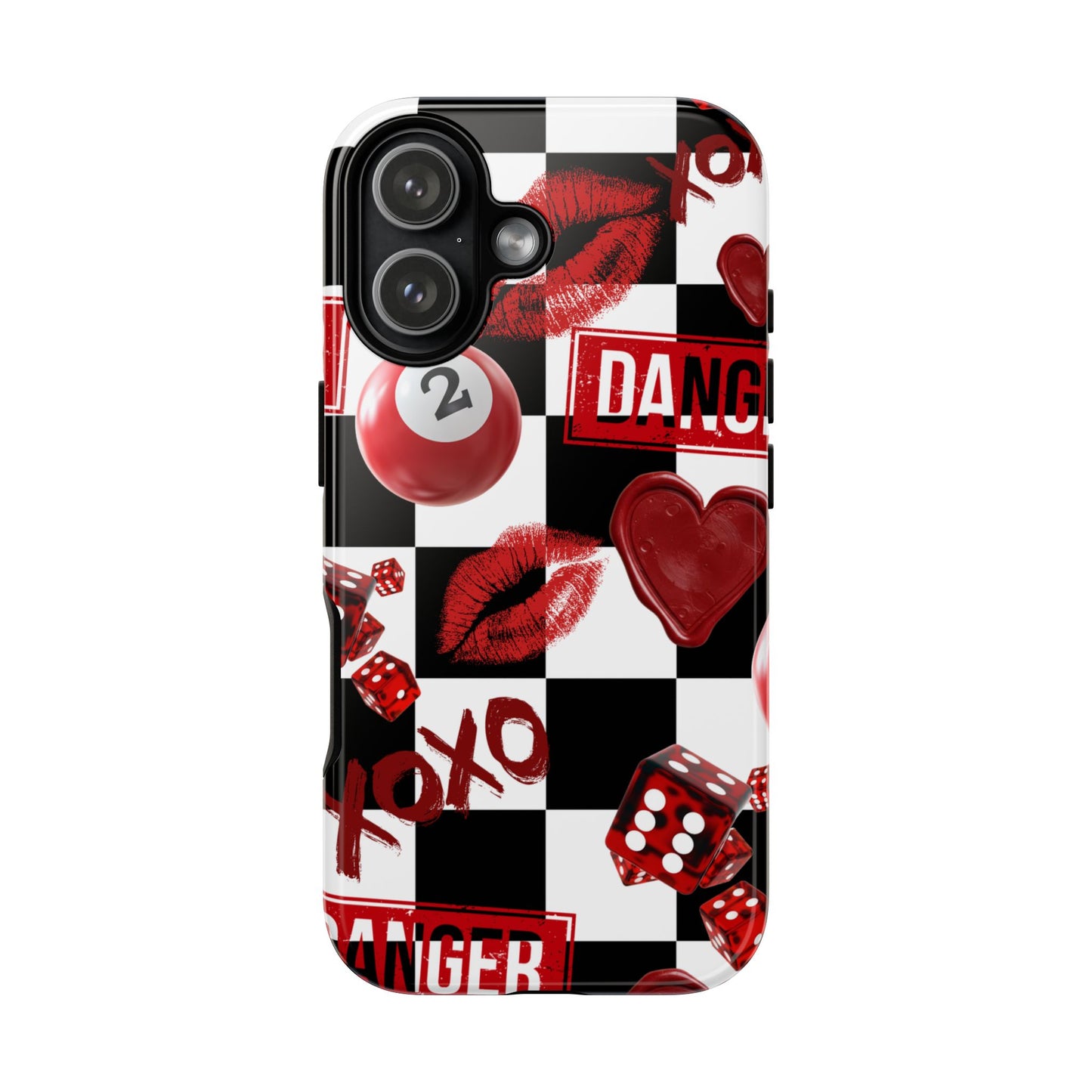 Red Kiss Heart Checkerboard phone case | Danger XOXO dice pattern