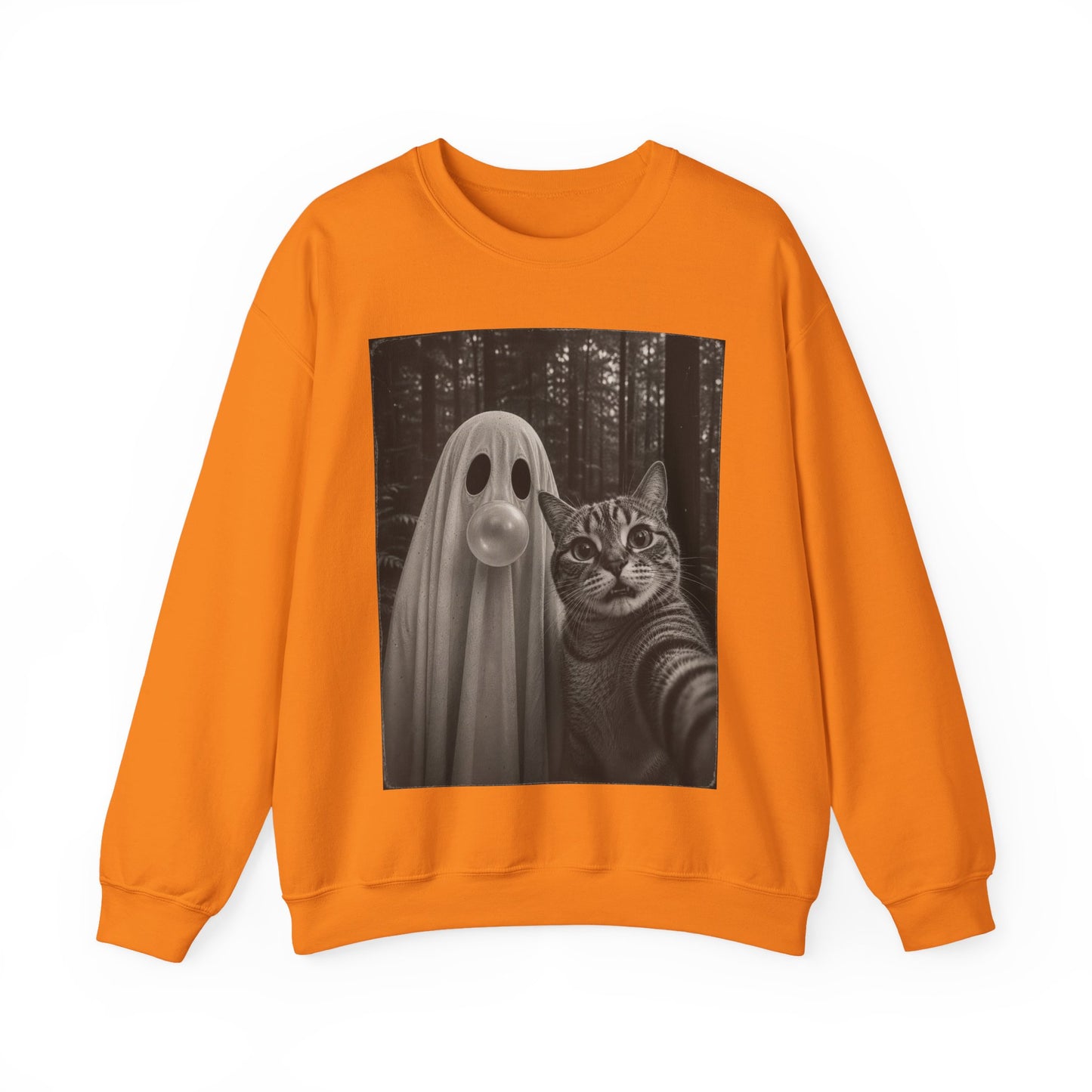 Ghost Selfie Sweatshirt — Cute Cat & Ghost Graphic Crewneck for Halloween