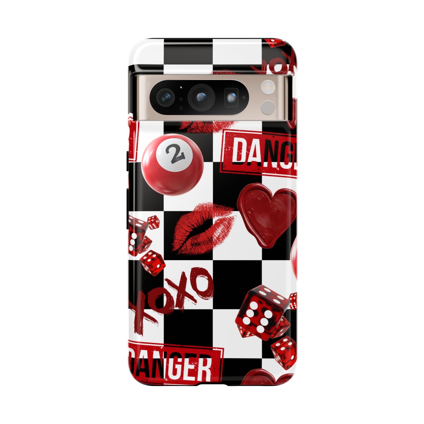 Red Kiss Heart Checkerboard phone case | Danger XOXO dice pattern
