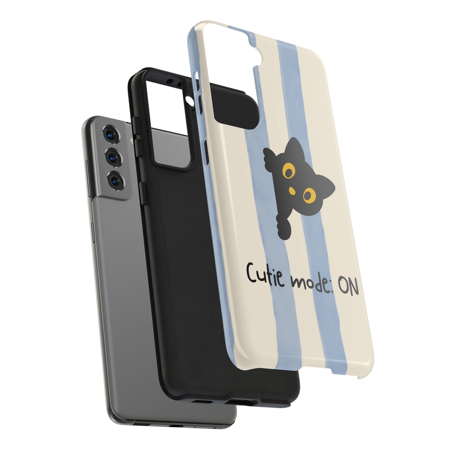 Cute Black Cat "Cutie Mode: ON" Tough Phone Case — Protective Striped Phone Cover
