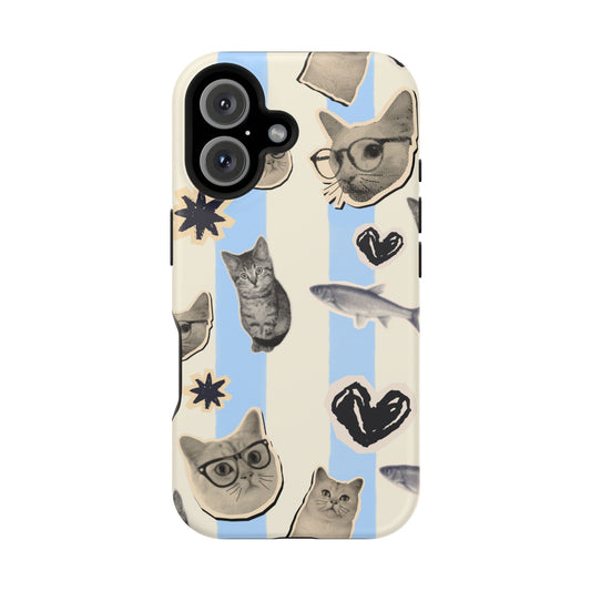 Cat Pattern Magnetic Impact Phone Case — Cute Cats, Fish & Hearts Design