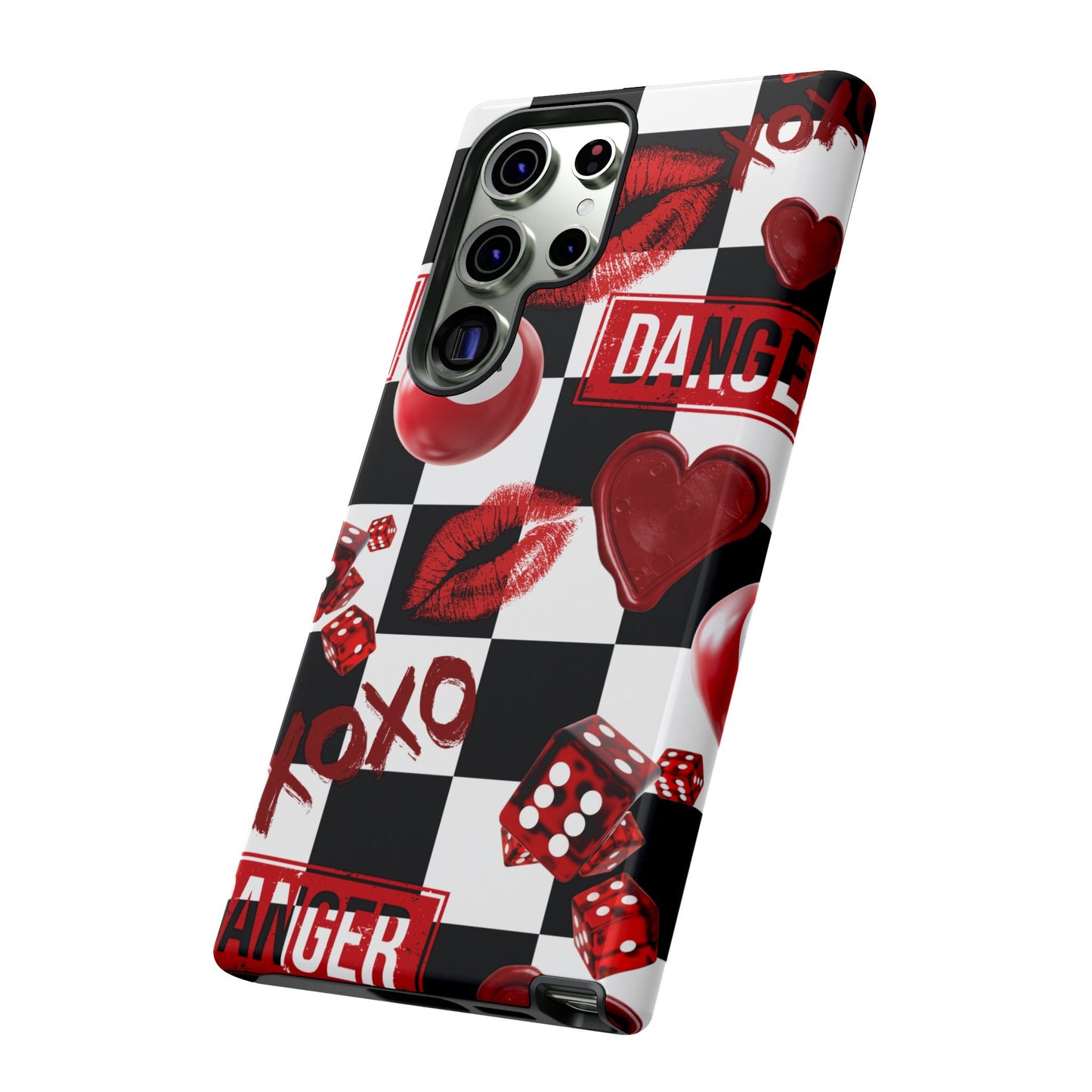 Red Kiss Heart Checkerboard phone case | Danger XOXO dice pattern