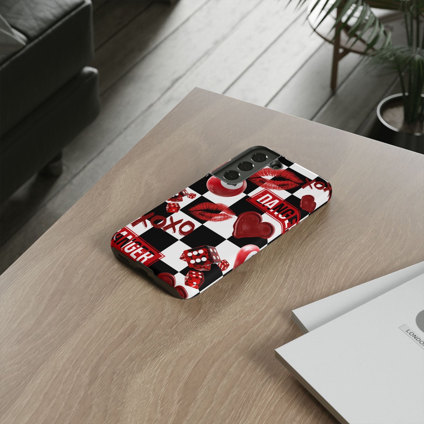 Red Kiss Heart Checkerboard phone case | Danger XOXO dice pattern