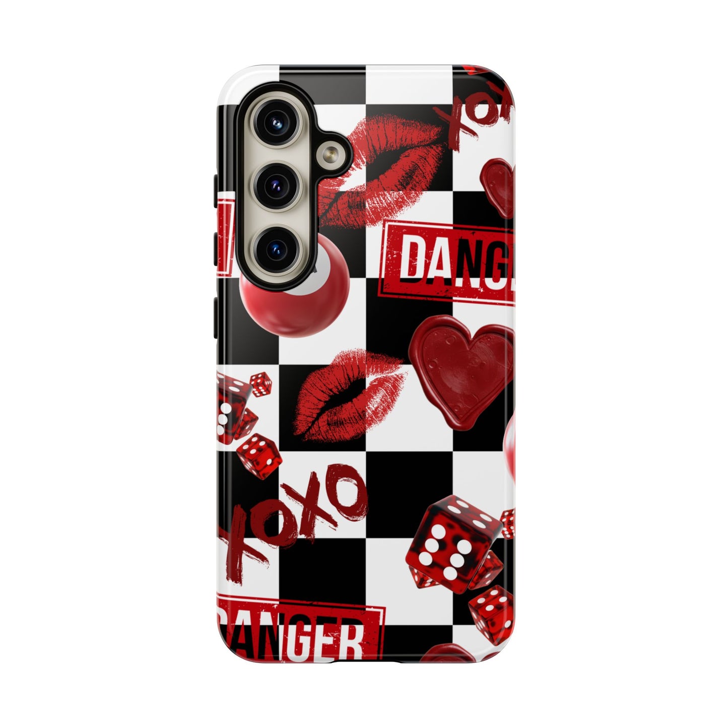Red Kiss Heart Checkerboard phone case | Danger XOXO dice pattern