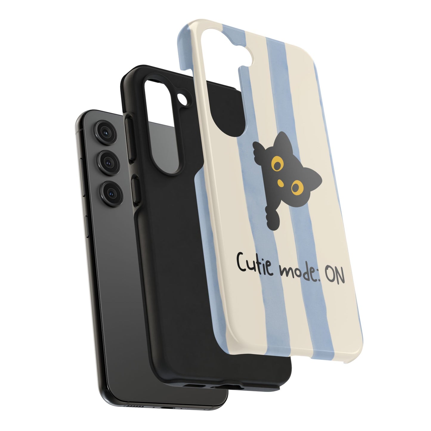 Cute Black Cat "Cutie Mode: ON" Tough Phone Case — Protective Striped Phone Cover