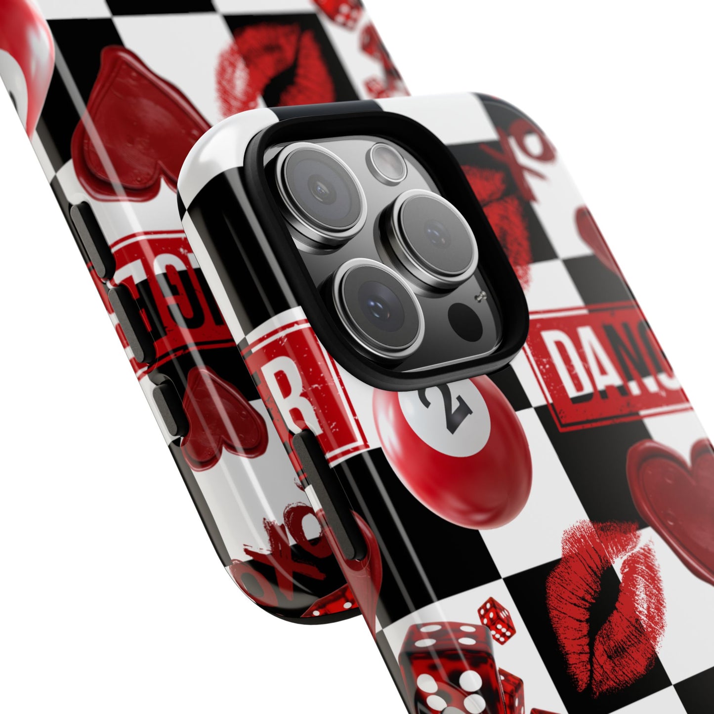 Red Kiss Heart Checkerboard phone case | Danger XOXO dice pattern