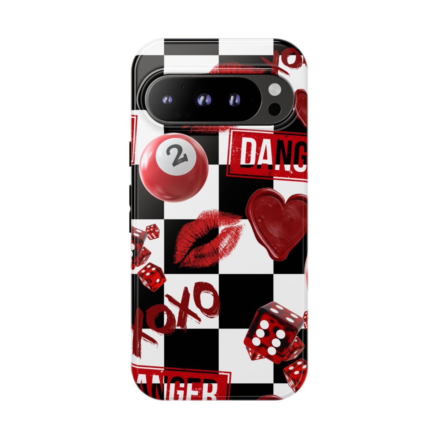 Red Kiss Heart Checkerboard phone case | Danger XOXO dice pattern