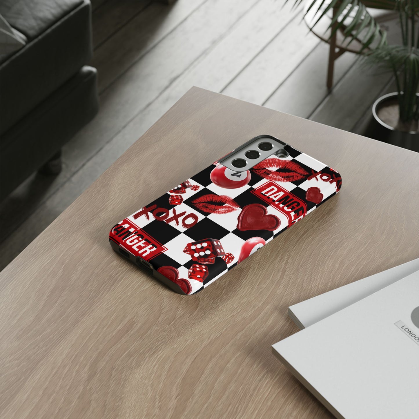 Red Kiss Heart Checkerboard phone case | Danger XOXO dice pattern