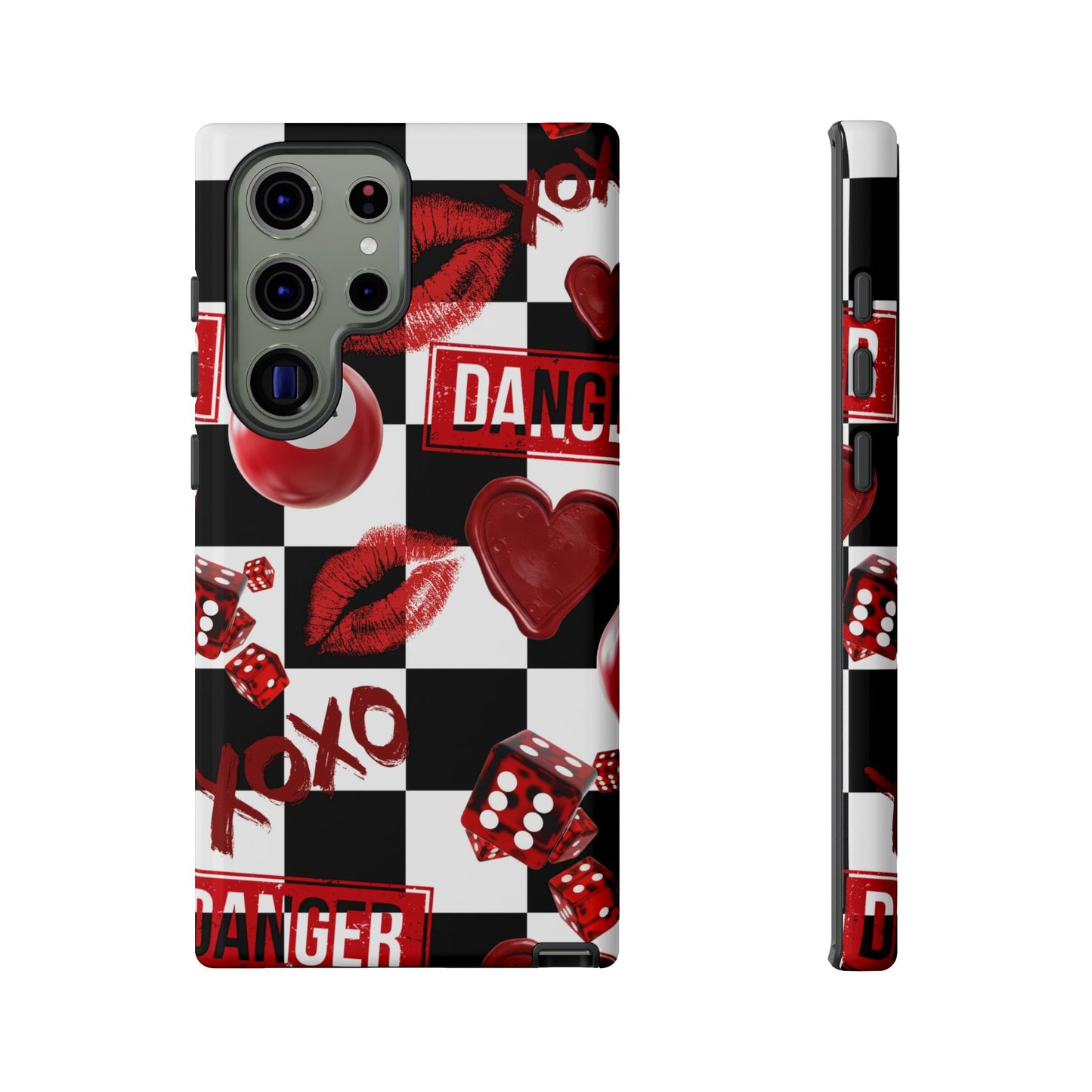 Red Kiss Heart Checkerboard phone case | Danger XOXO dice pattern