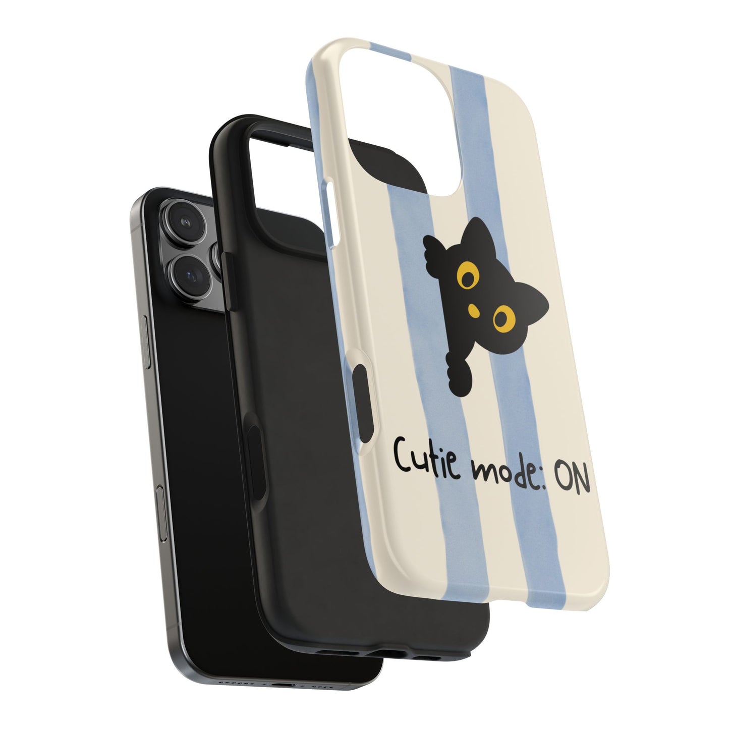 Cute Black Cat "Cutie Mode: ON" Tough Phone Case — Protective Striped Phone Cover