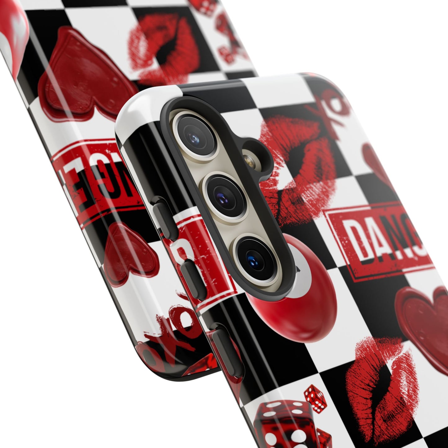 Red Kiss Heart Checkerboard phone case | Danger XOXO dice pattern