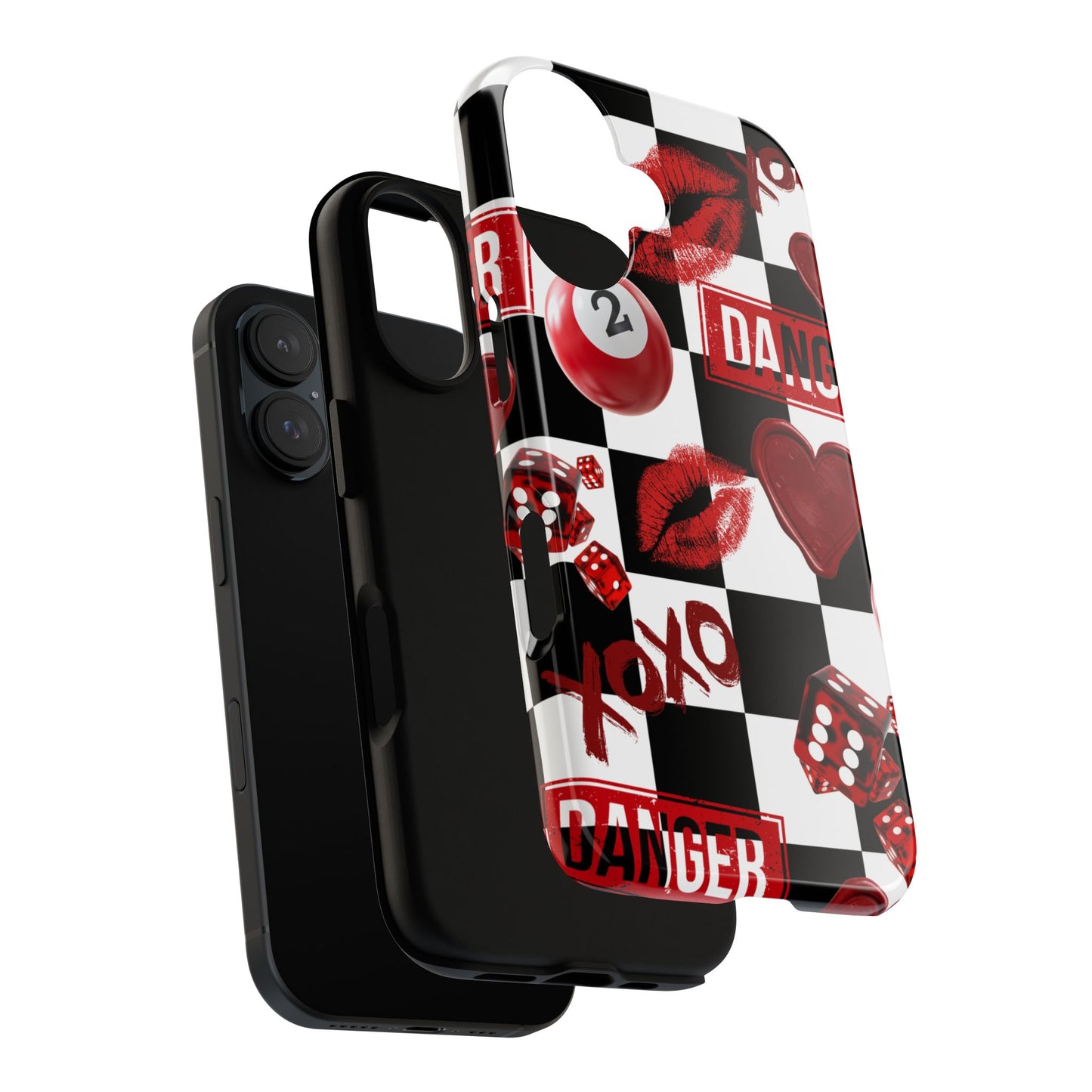 Red Kiss Heart Checkerboard phone case | Danger XOXO dice pattern