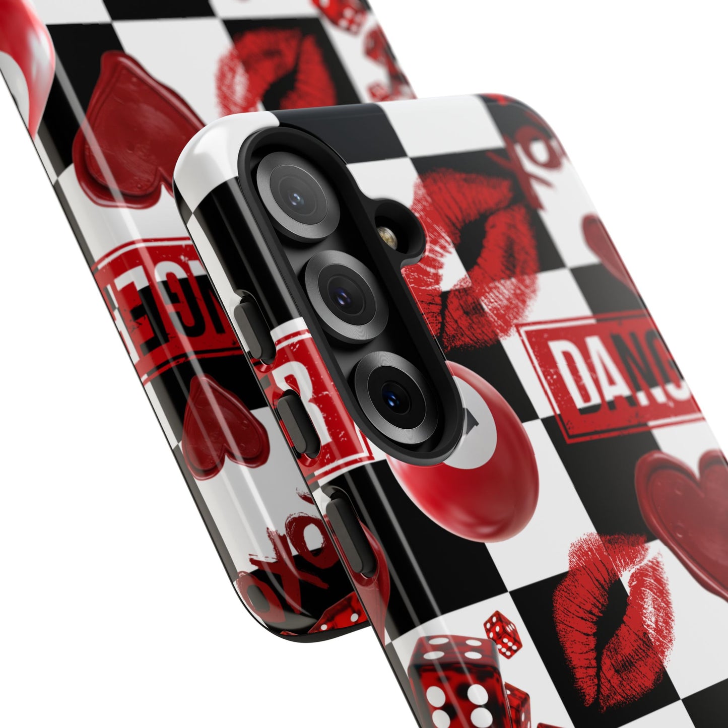 Red Kiss Heart Checkerboard phone case | Danger XOXO dice pattern