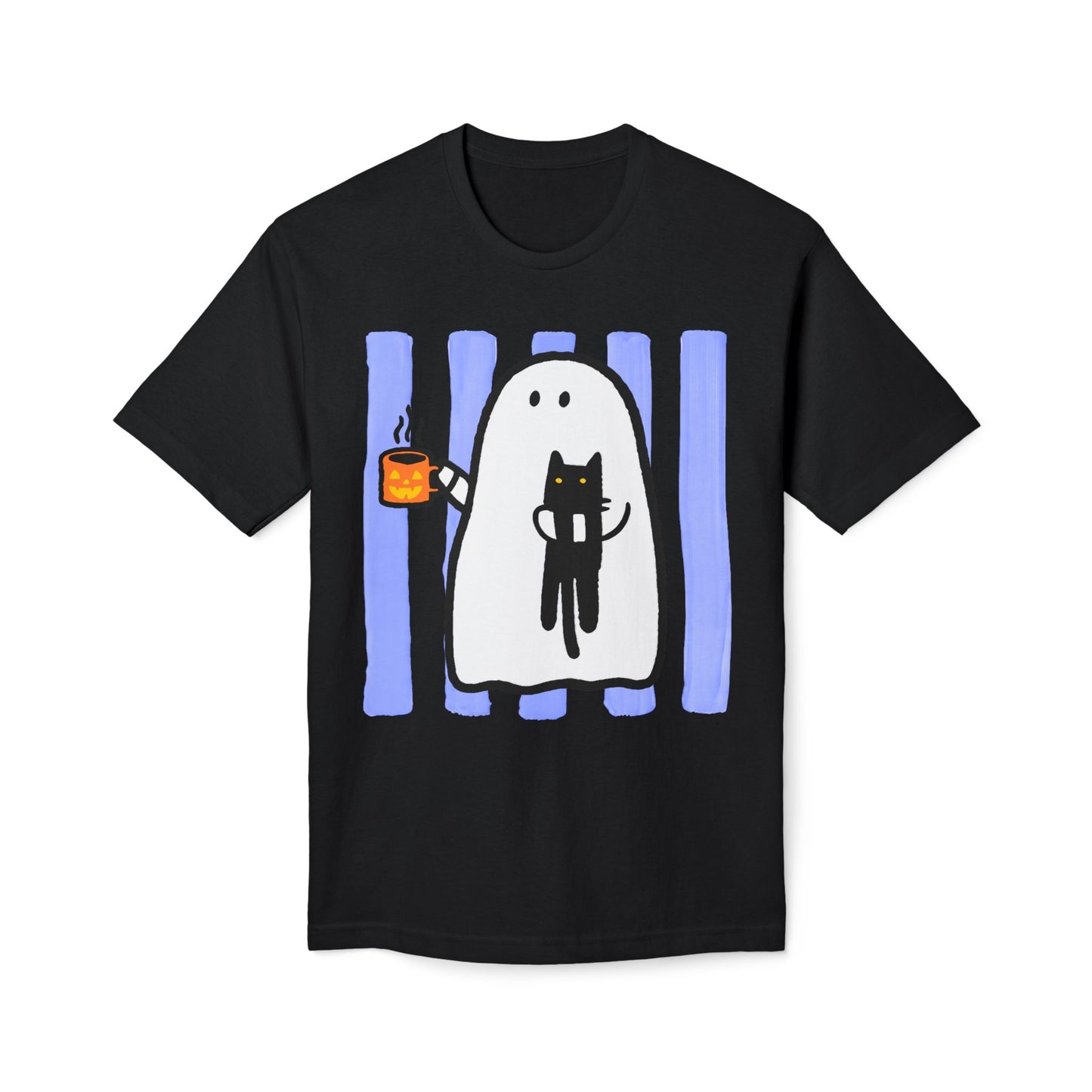 Cute Ghost Holding Cat T-Shirt — Cozy Coffee & Cat Lover Tee