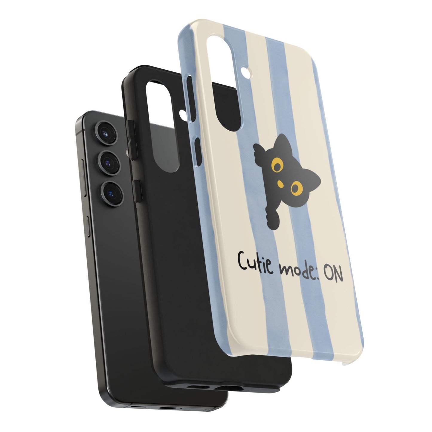 Cute Black Cat "Cutie Mode: ON" Tough Phone Case — Protective Striped Phone Cover