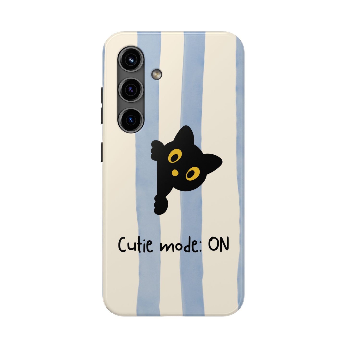 Cute Black Cat "Cutie Mode: ON" Tough Phone Case — Protective Striped Phone Cover