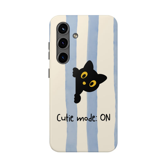 Cute Black Cat "Cutie Mode: ON" Tough Phone Case — Protective Striped Phone Cover
