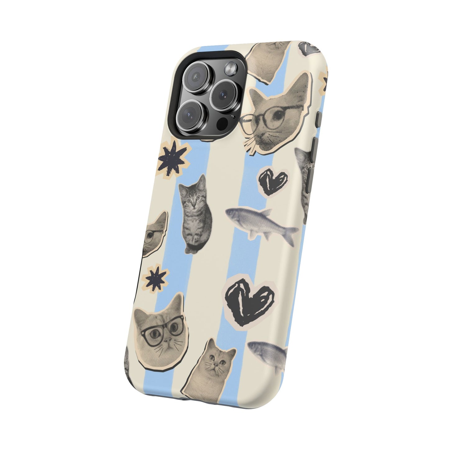 Cat Pattern Magnetic Impact Phone Case — Cute Cats, Fish & Hearts Design