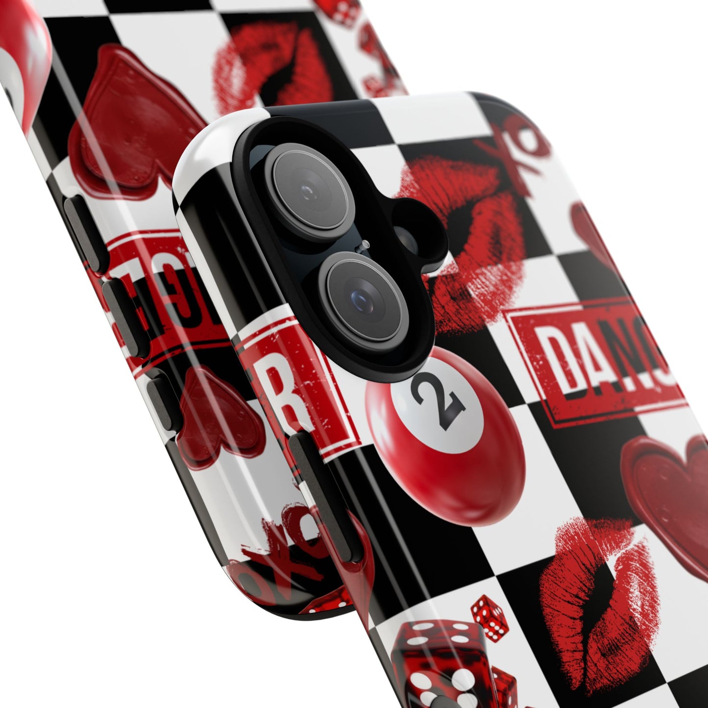 Red Kiss Heart Checkerboard phone case | Danger XOXO dice pattern