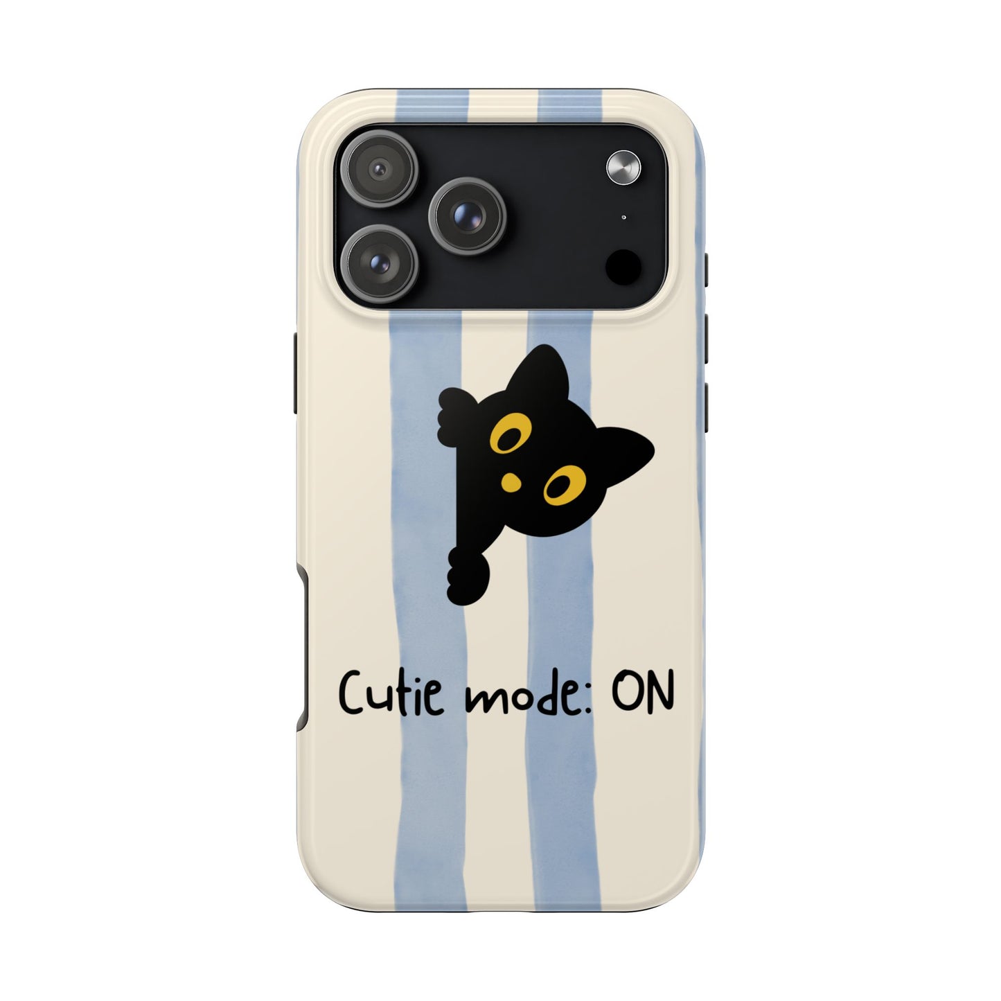 Cute Black Cat "Cutie Mode: ON" Tough Phone Case — Protective Striped Phone Cover