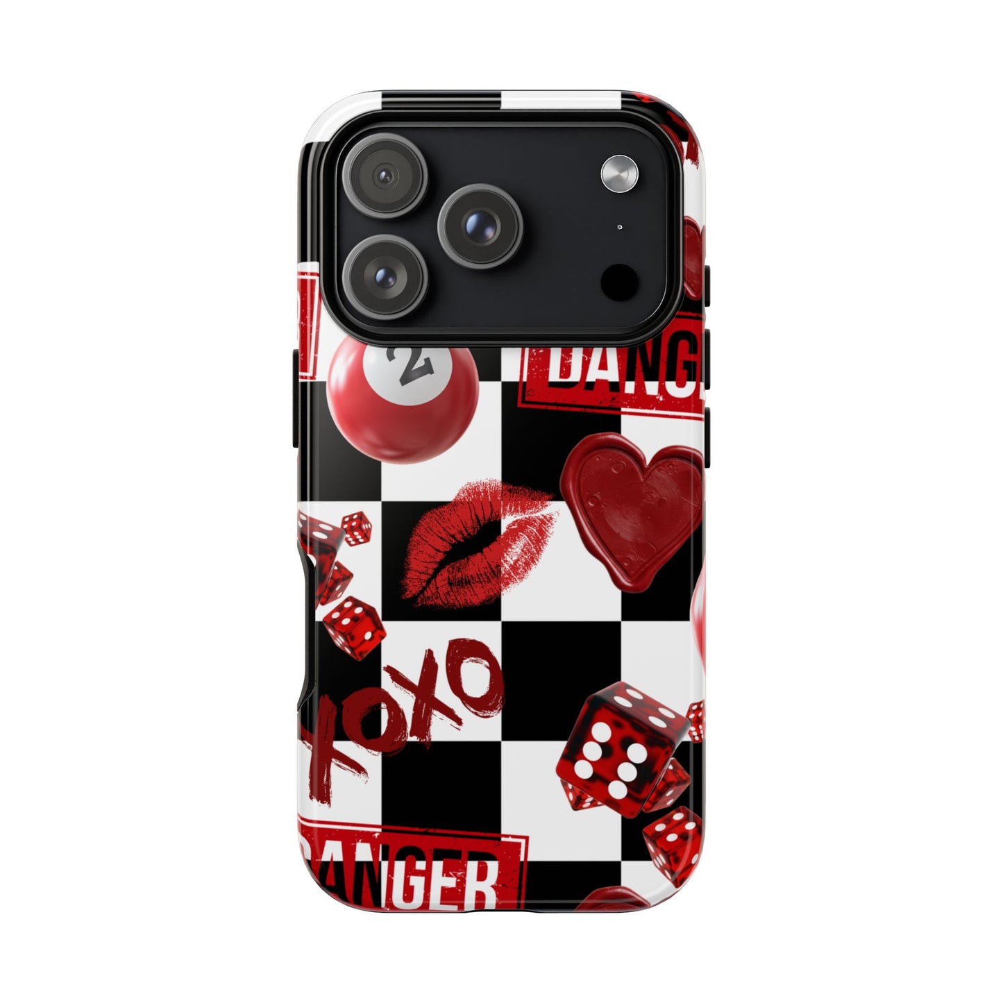 Red Kiss Heart Checkerboard phone case | Danger XOXO dice pattern