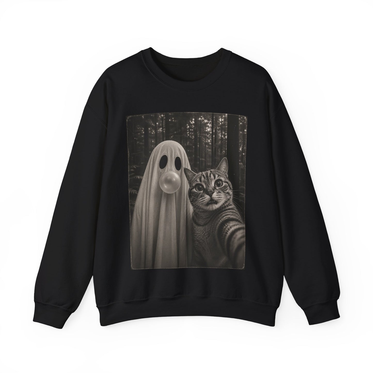 Ghost Selfie Sweatshirt — Cute Cat & Ghost Graphic Crewneck for Halloween