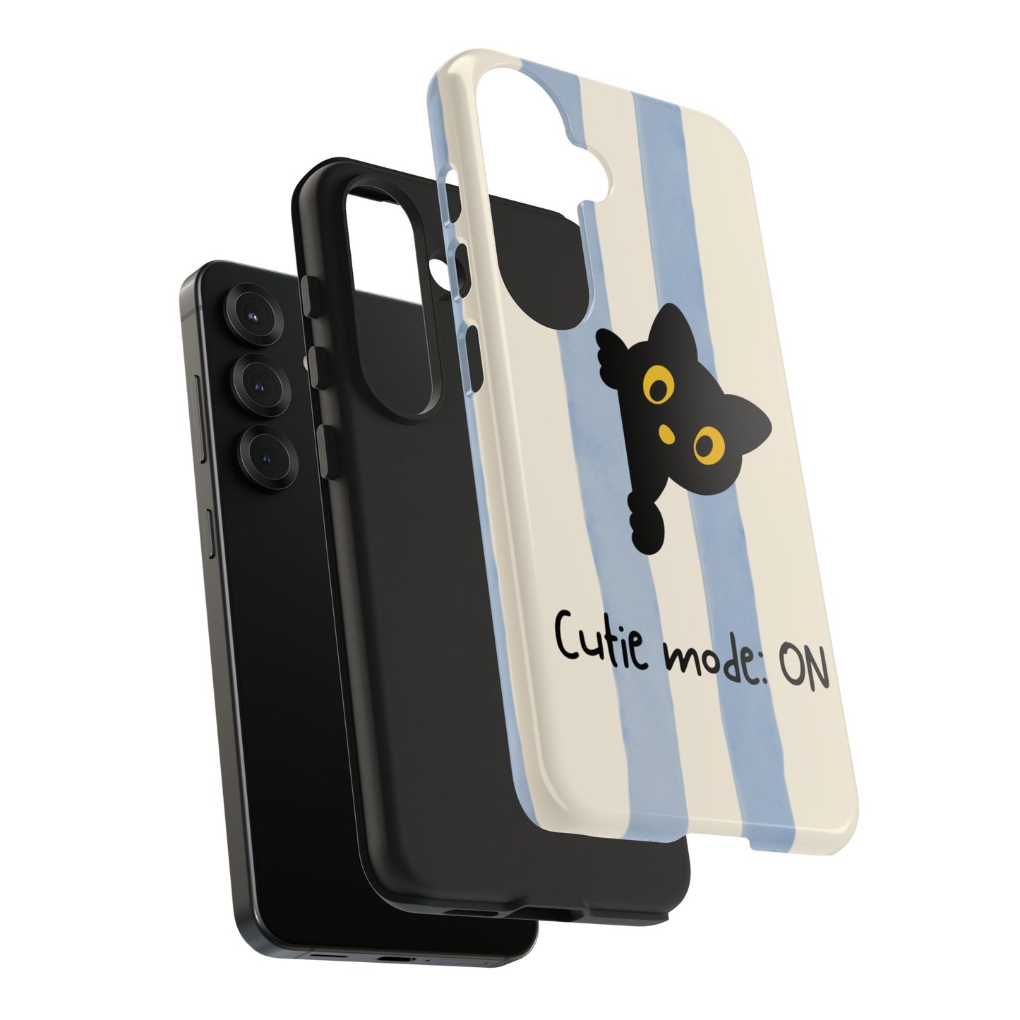 Cute Black Cat "Cutie Mode: ON" Tough Phone Case — Protective Striped Phone Cover