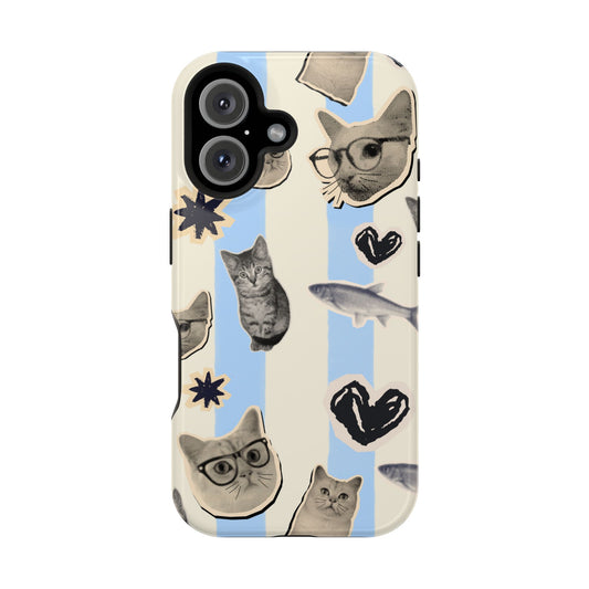 Cat Pattern Magnetic Impact Phone Case — Cute Cats, Fish & Hearts Design