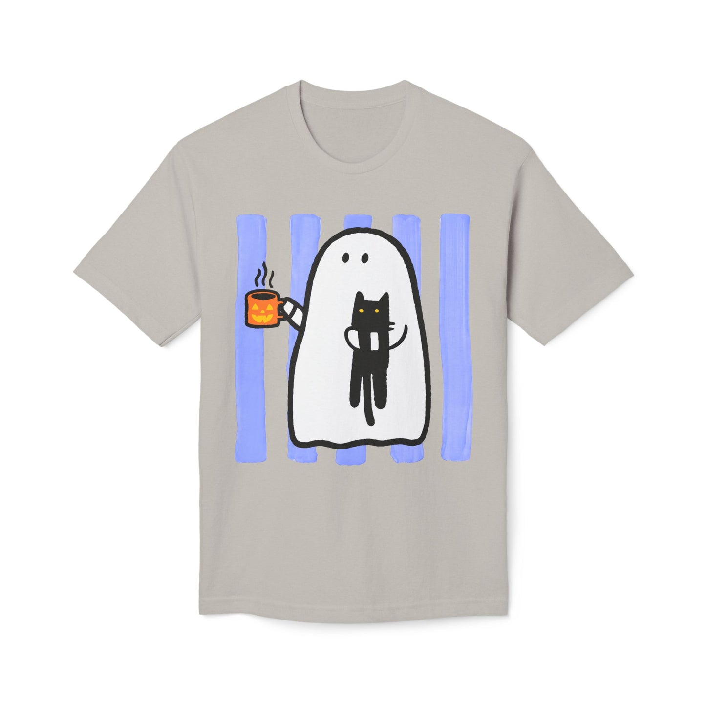 Cute Ghost Holding Cat T-Shirt — Cozy Coffee & Cat Lover Tee