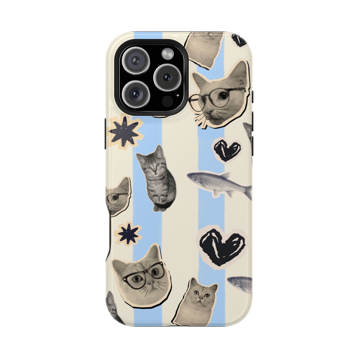 Cat Pattern Magnetic Impact Phone Case — Cute Cats, Fish & Hearts Design