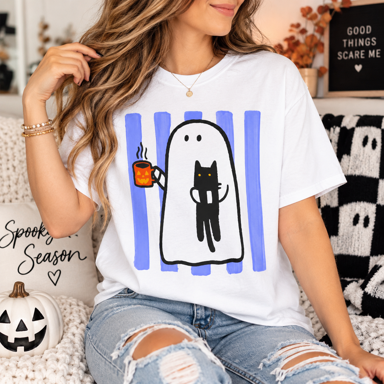 Cute Ghost Holding Cat T-Shirt — Cozy Coffee & Cat Lover Tee