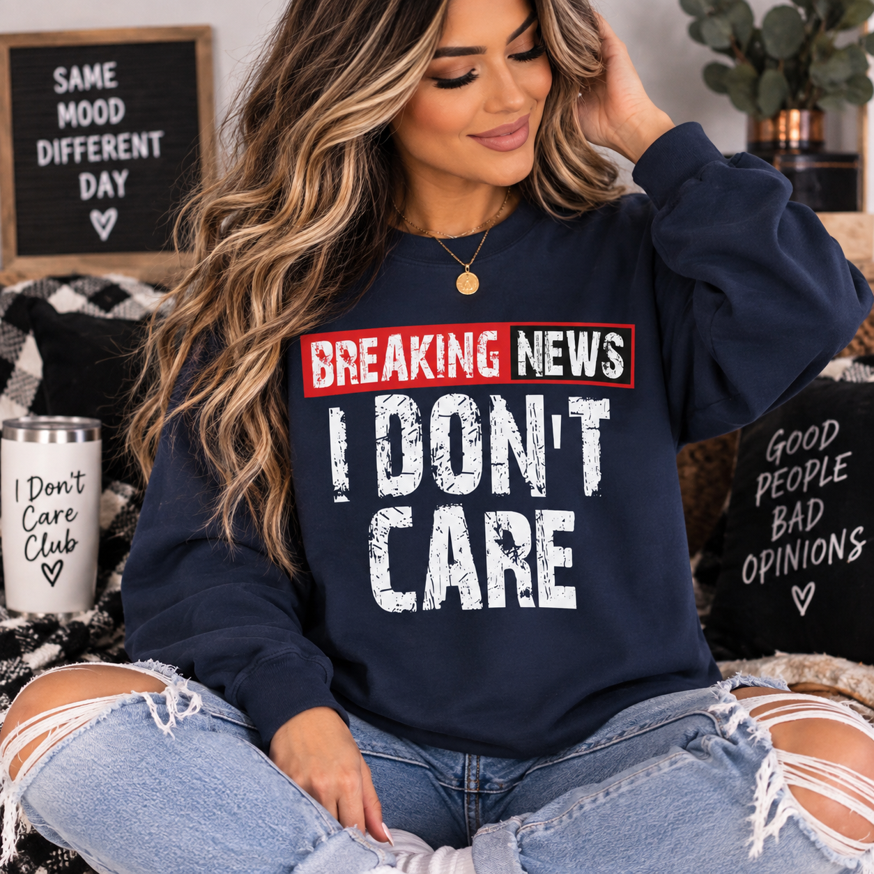 I Don't Care Sweatshirt — 'BREAKING NEWS' Distressed Graphic Crewneck
