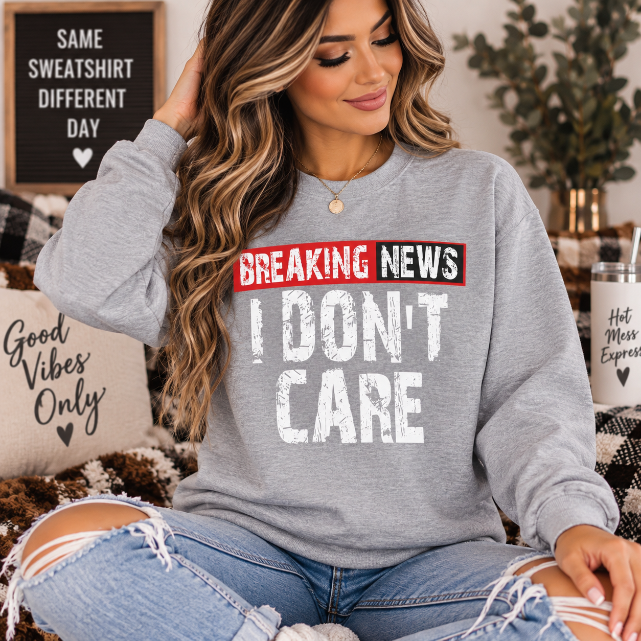 I Don't Care Sweatshirt — 'BREAKING NEWS' Distressed Graphic Crewneck
