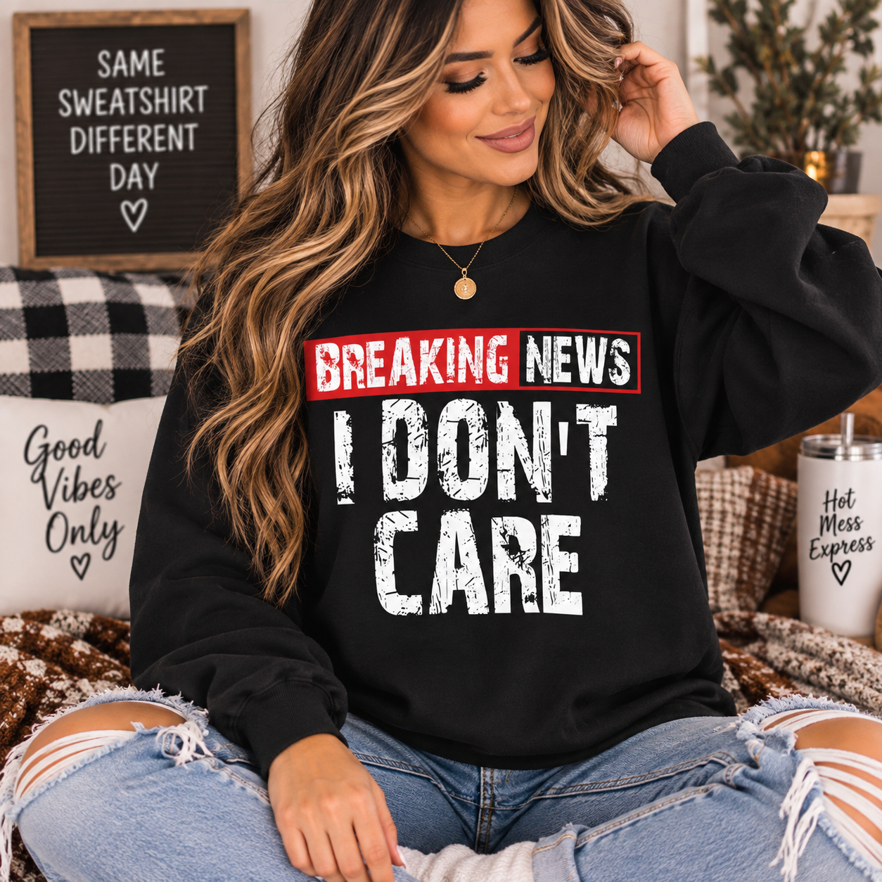 I Don't Care Sweatshirt — 'BREAKING NEWS' Distressed Graphic Crewneck