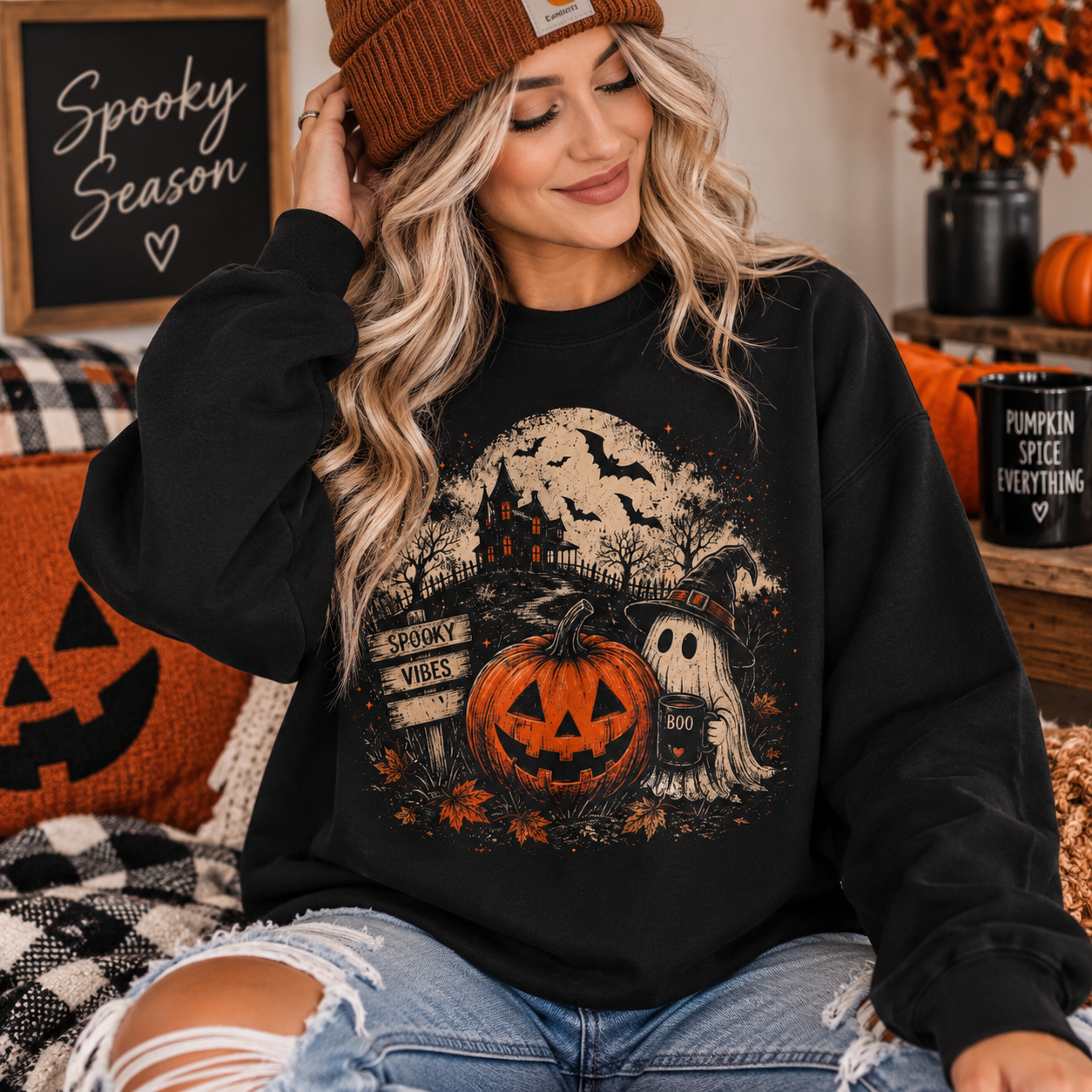Halloween Pumpkin Patch Crewneck — Jack-o'-Lantern & Friendly Ghost Sweatshirt