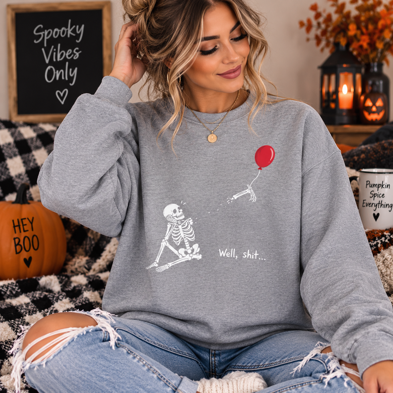 Skeleton & Red Balloon Sweatshirt — "Well, shit." Funny Halloween Crewneck