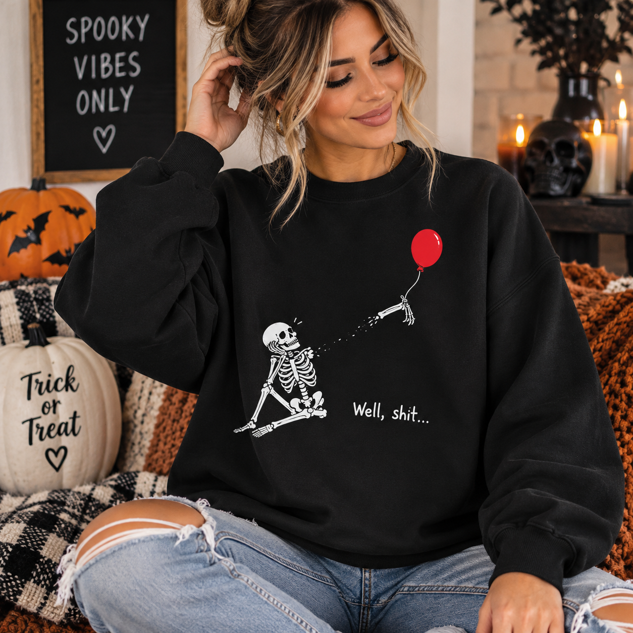 Skeleton & Red Balloon Sweatshirt — "Well, shit." Funny Halloween Crewneck