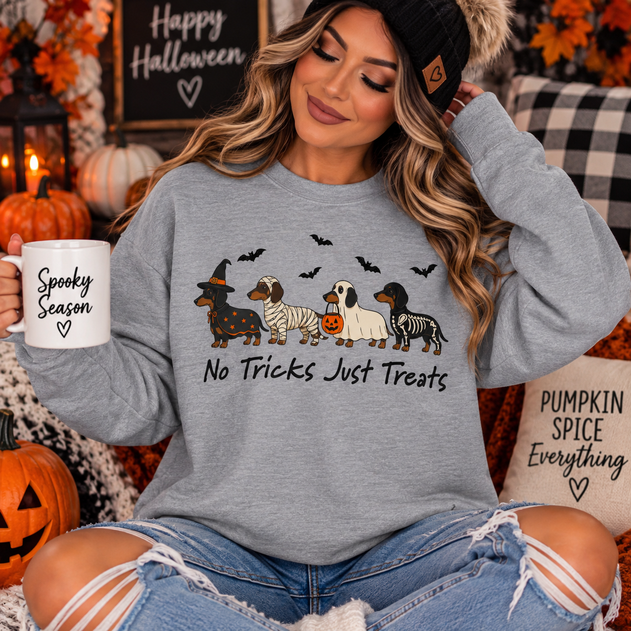 Halloween Dachshund Sweatshirt — "No Tricks Just Treats" Cute Dog Costume Crewneck