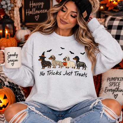 Halloween Dachshund Sweatshirt — "No Tricks Just Treats" Cute Dog Costume Crewneck