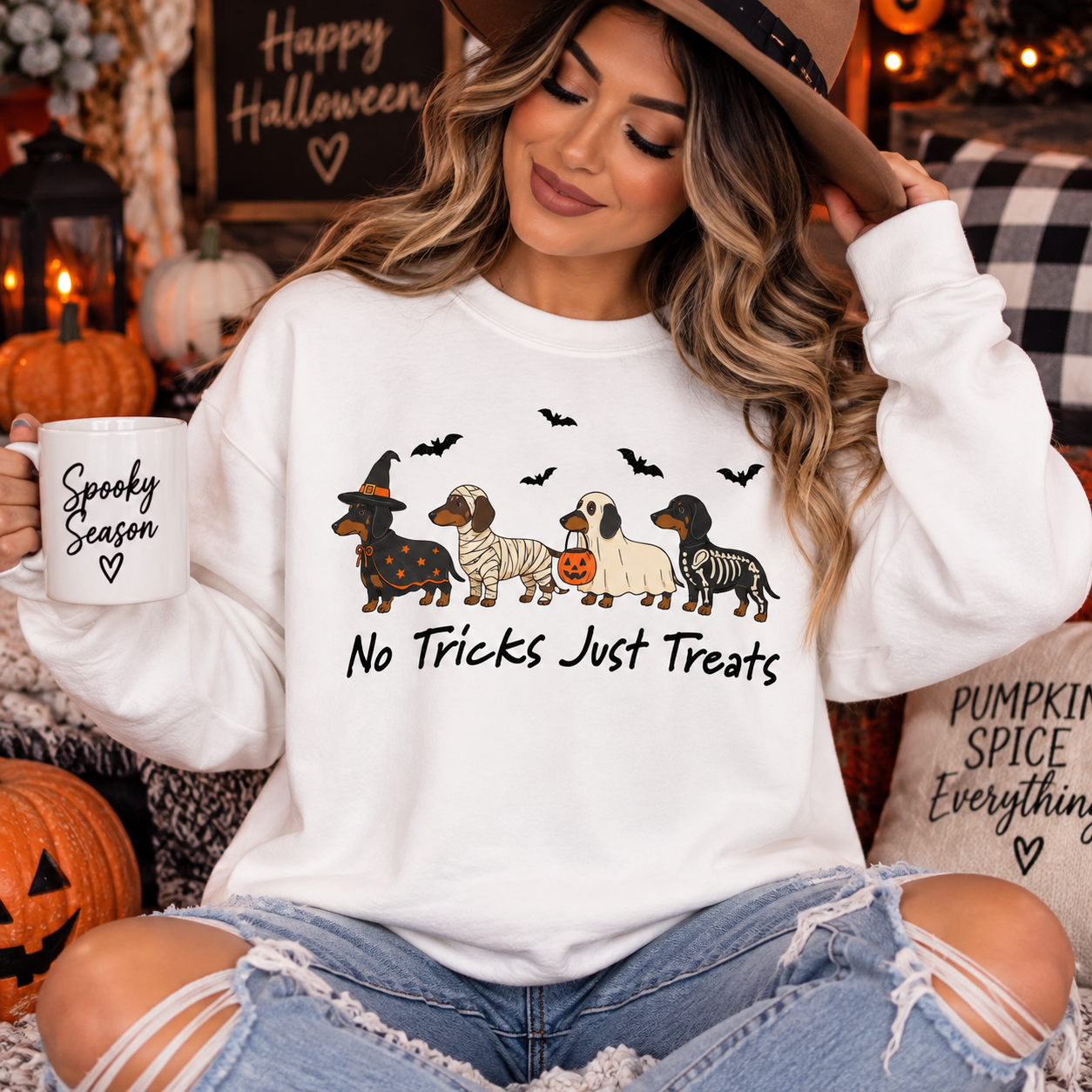 Halloween Dachshund Sweatshirt — "No Tricks Just Treats" Cute Dog Costume Crewneck