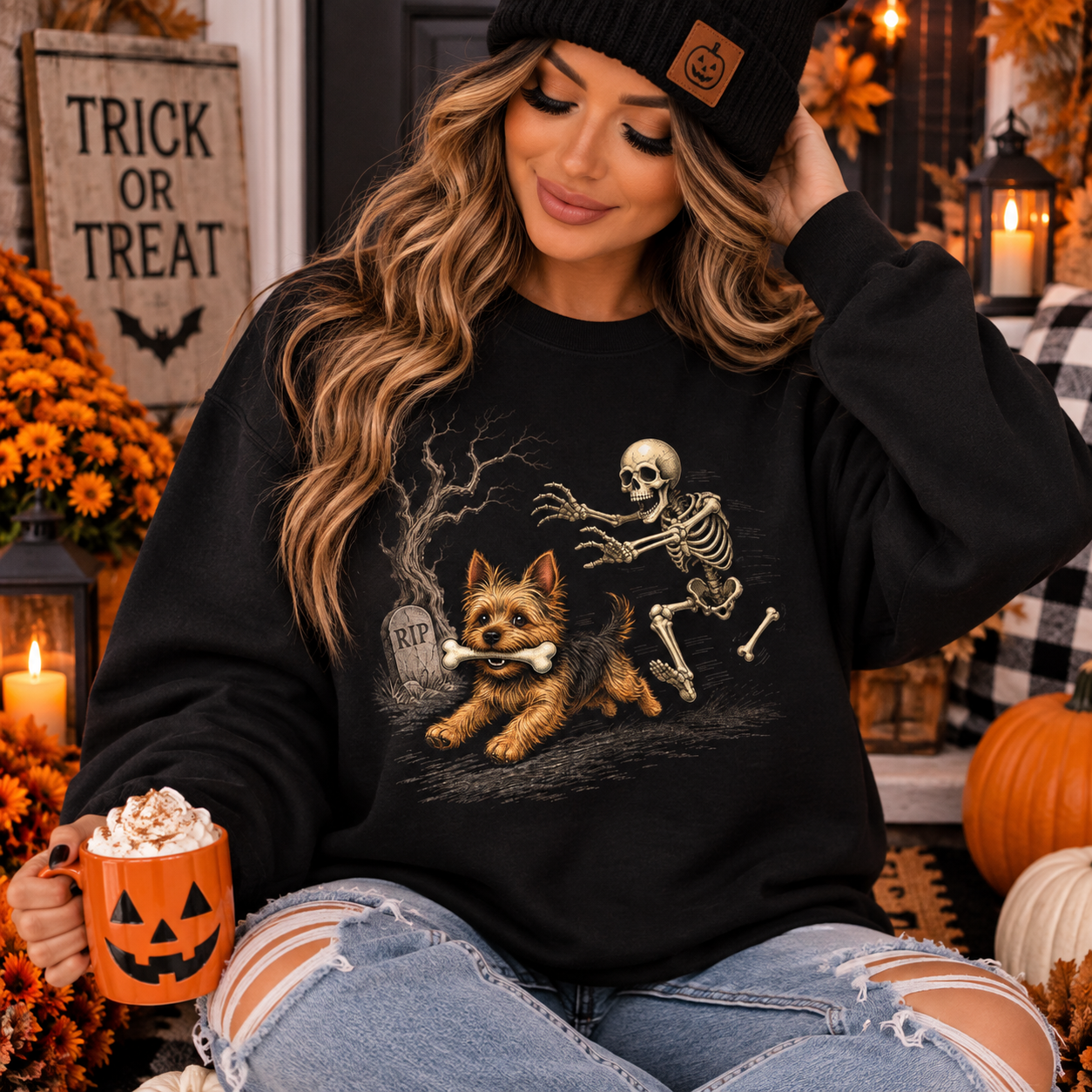 Halloween Skeleton Chasing Dog Crewneck Sweatshirt