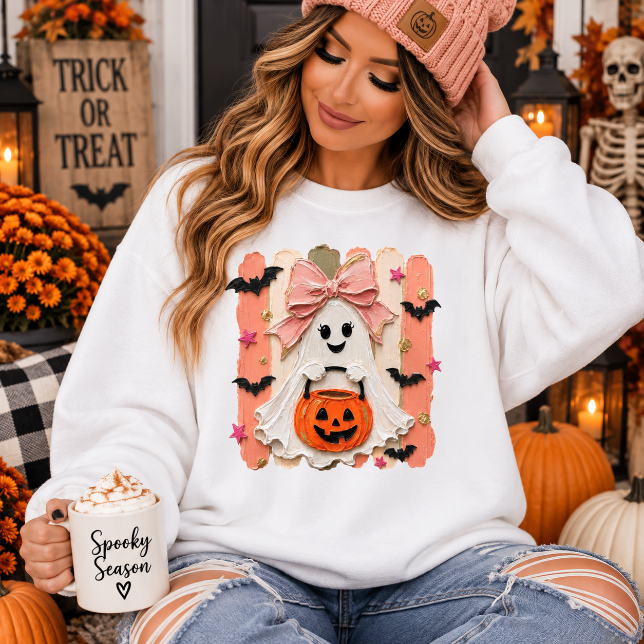 Halloween Ghost Sweatshirt — Cute Ghost with Bow & Pumpkin Trick-or-Treat Crewneck