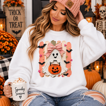 Halloween Ghost Sweatshirt — Cute Ghost with Bow & Pumpkin Trick-or-Treat Crewneck