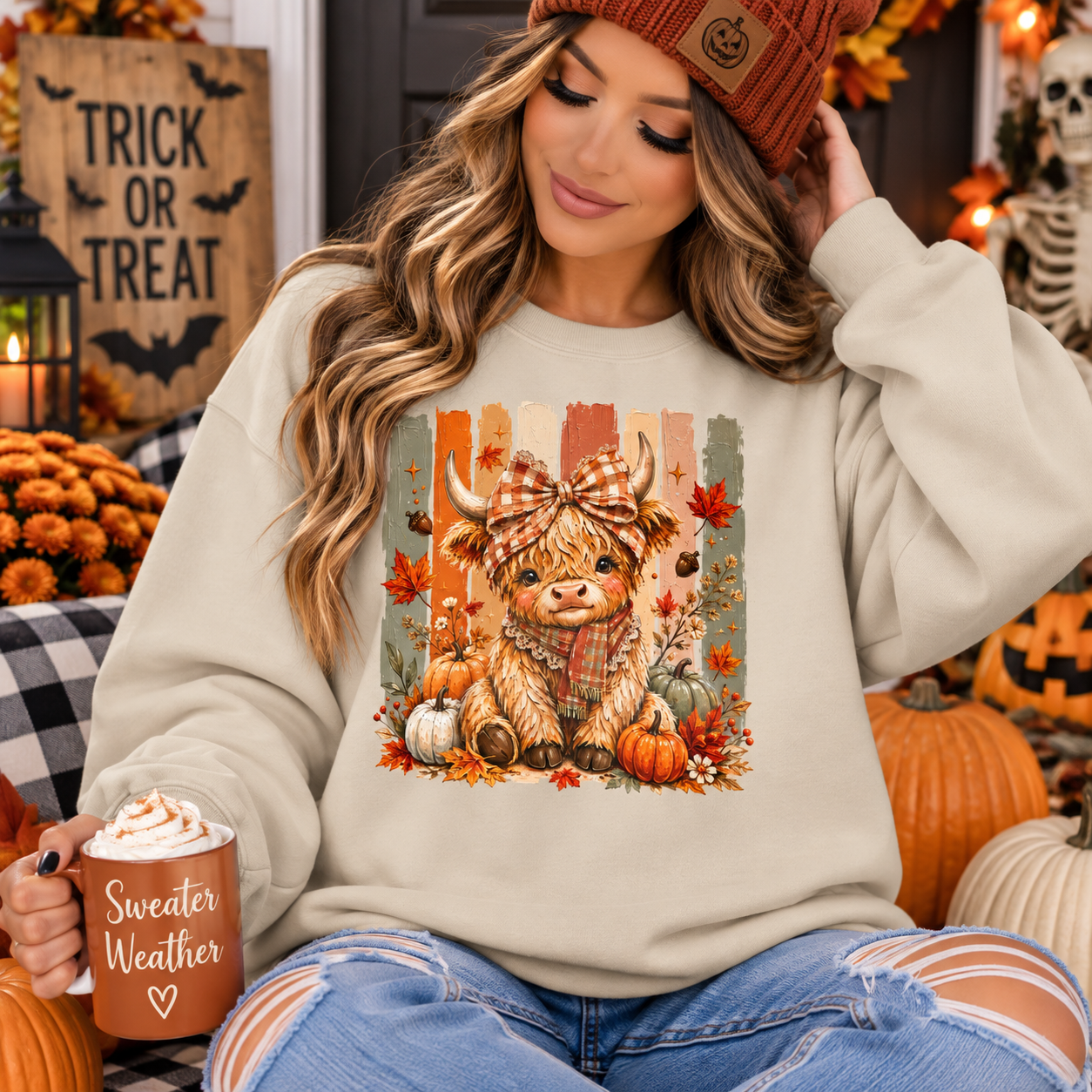 Autumn Harvest Cow Sweatshirt — Cute Highland Calf with Pumpkins Fall Crewneck